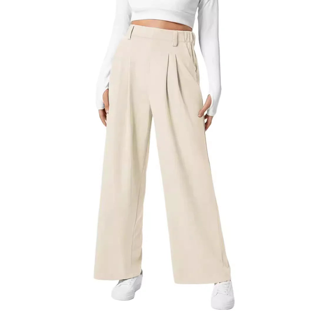 Women's Wide Leg Waffle Knit High Waist Casual Pants with Pockets