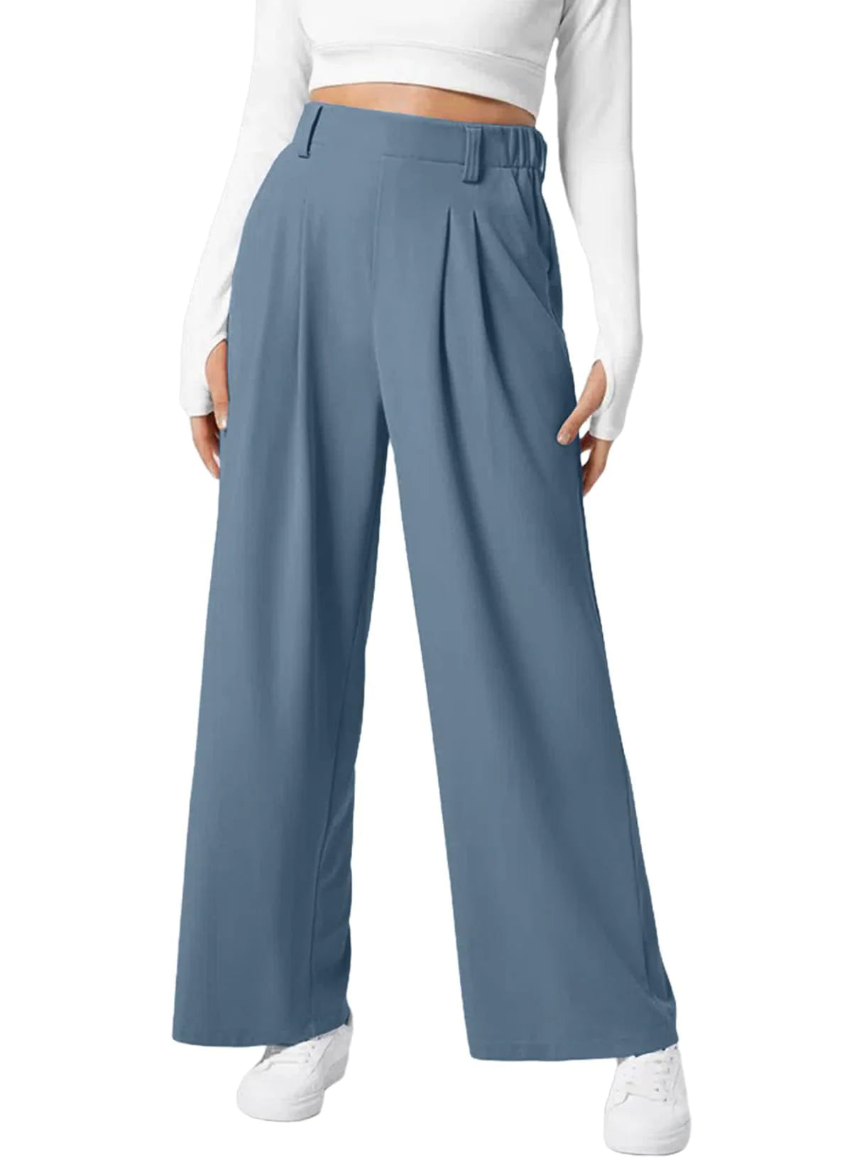 Women's Wide Leg Waffle Knit High Waist Casual Pants with Pockets